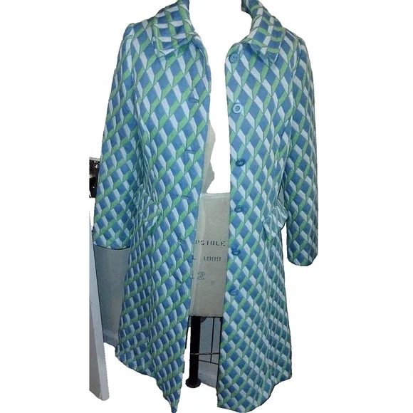 Blue Green & White Woman's Coat Vintage 1960s Textured Knit Large
